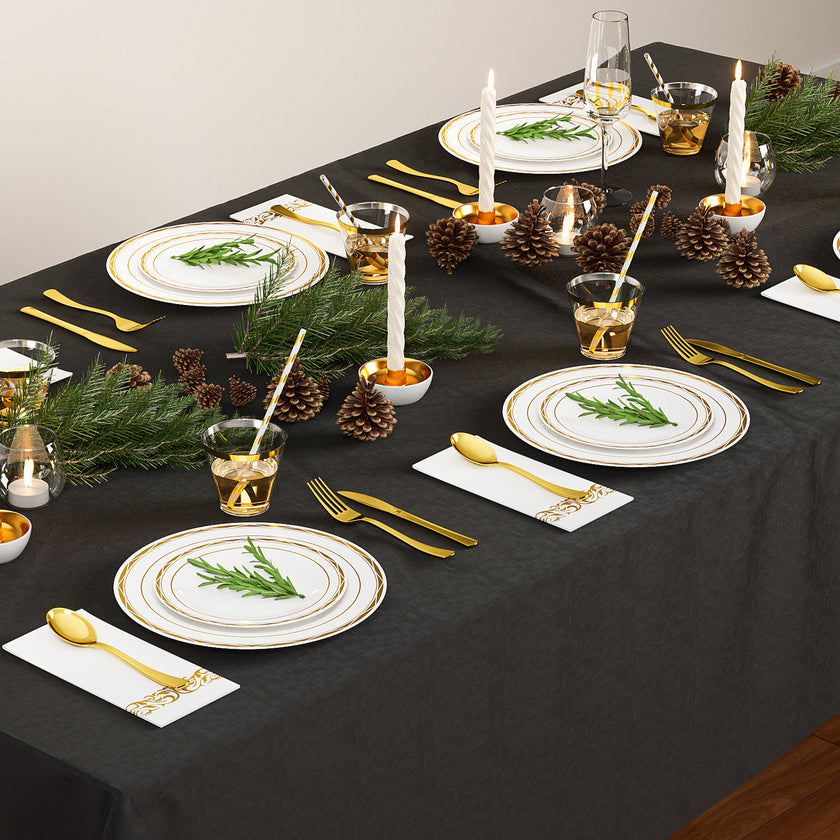 Set Of 50 Flat Plastic Round Gold Disposable Cutlery Containing Large And Small Plates, Cups, Cutlery, Paper Towels, Straws