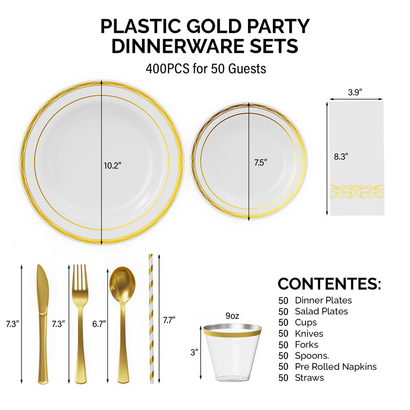 Set Of 50 Flat Plastic Round Gold Disposable Cutlery Containing Large And Small Plates, Cups, Cutlery, Paper Towels, Straws