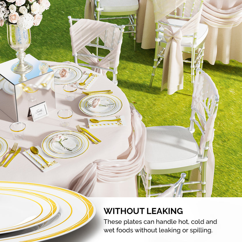 Set Of 50 Flat Plastic Round Gold Disposable Cutlery Containing Large And Small Plates, Cups, Cutlery, Paper Towels, Straws