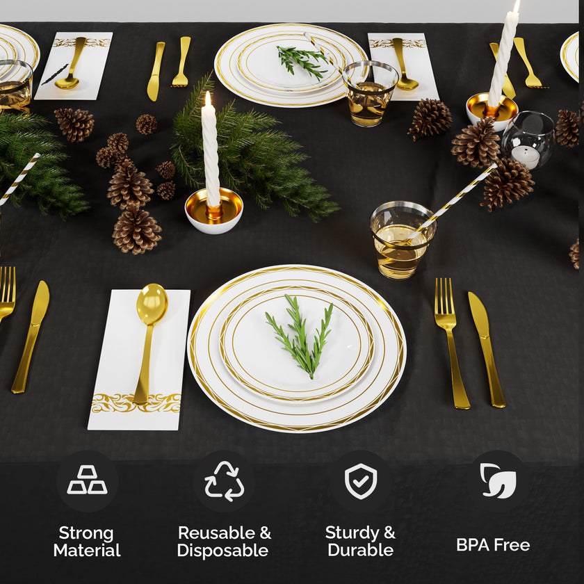 Set Of 50 Flat Plastic Round Gold Disposable Cutlery Containing Large And Small Plates, Cups, Cutlery, Paper Towels, Straws