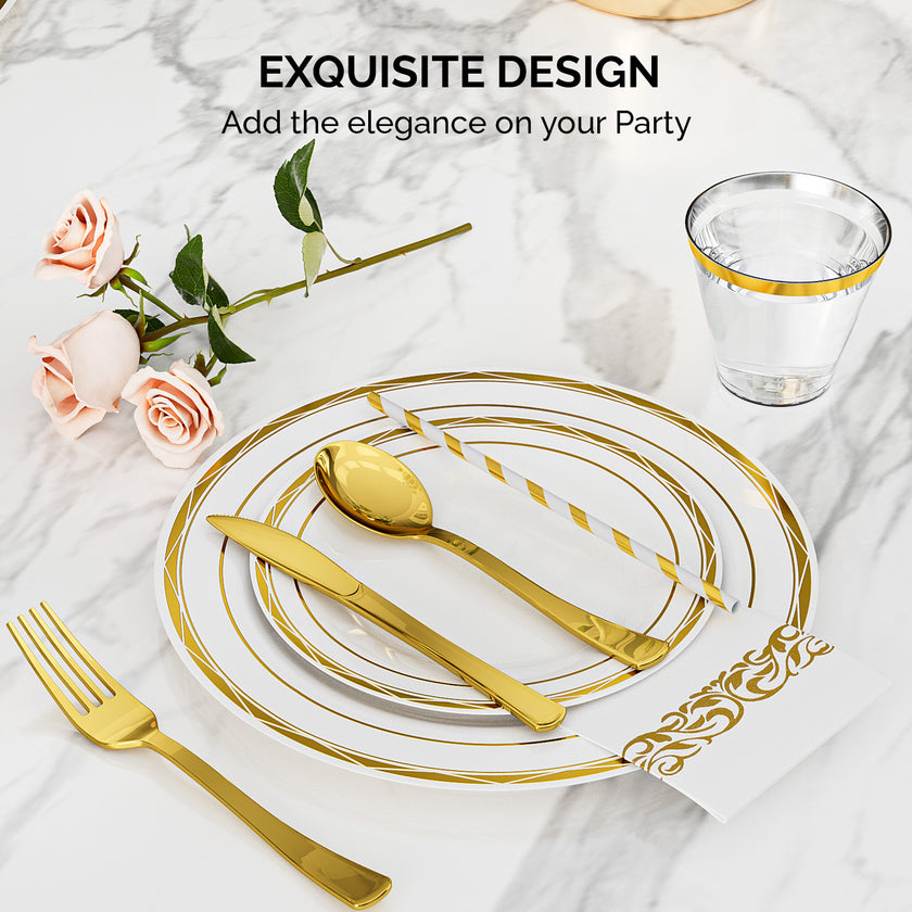 Set Of 50 Flat Plastic Round Gold Disposable Cutlery Containing Large And Small Plates, Cups, Cutlery, Paper Towels, Straws